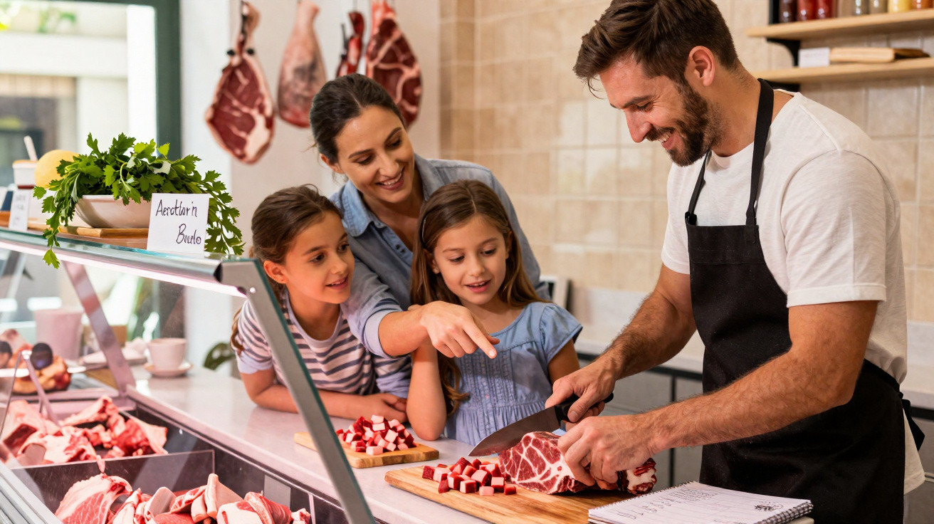 Talhante corta carne para duas crianças e mulher sorridente numa talhos tradicional.