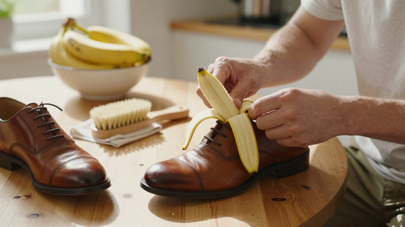Pessoa a descascar uma banana sobre um sapato de pele castanha numa mesa de madeira.