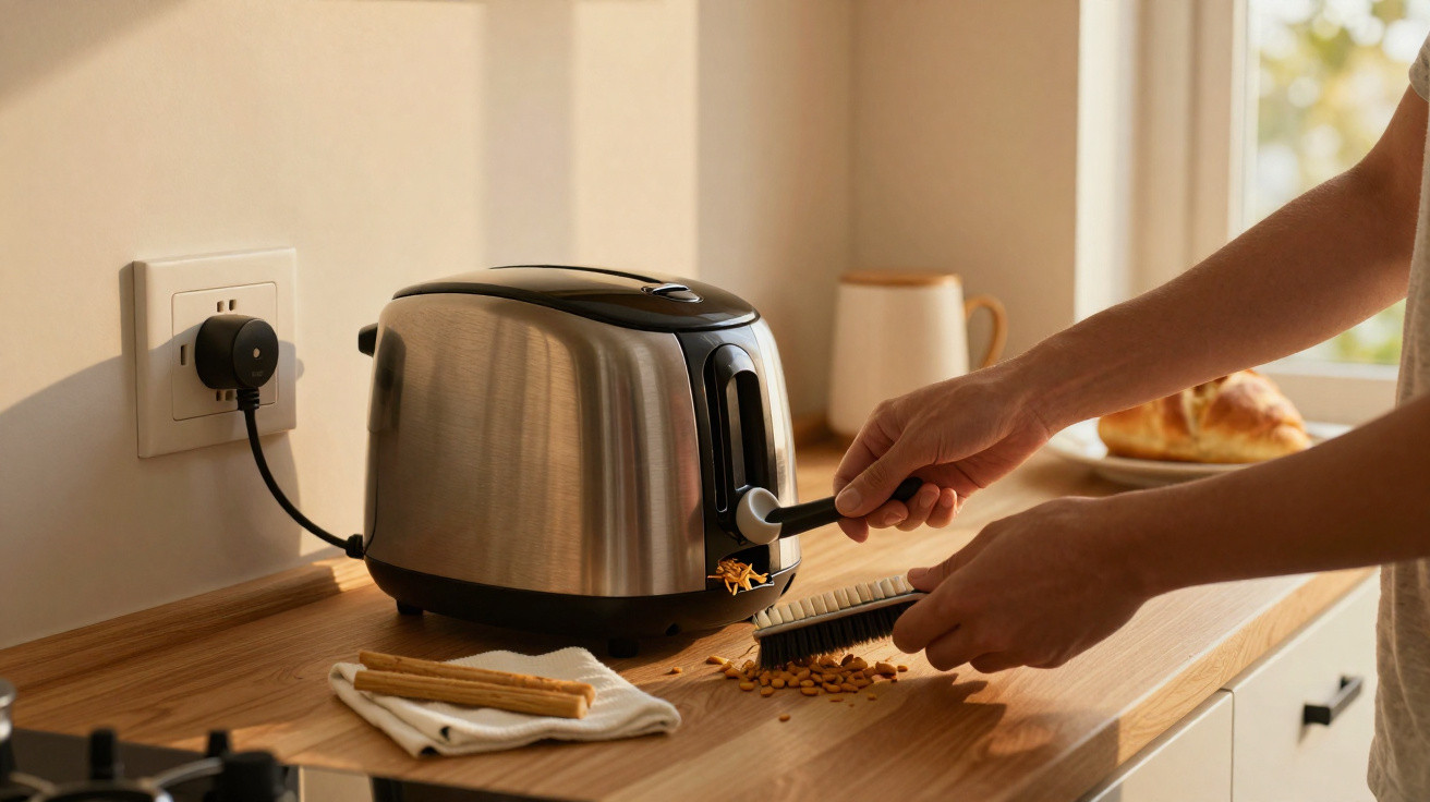 Pessoa a limpar migalhas de um torradeira metálica numa bancada de cozinha com uma escova pequena.