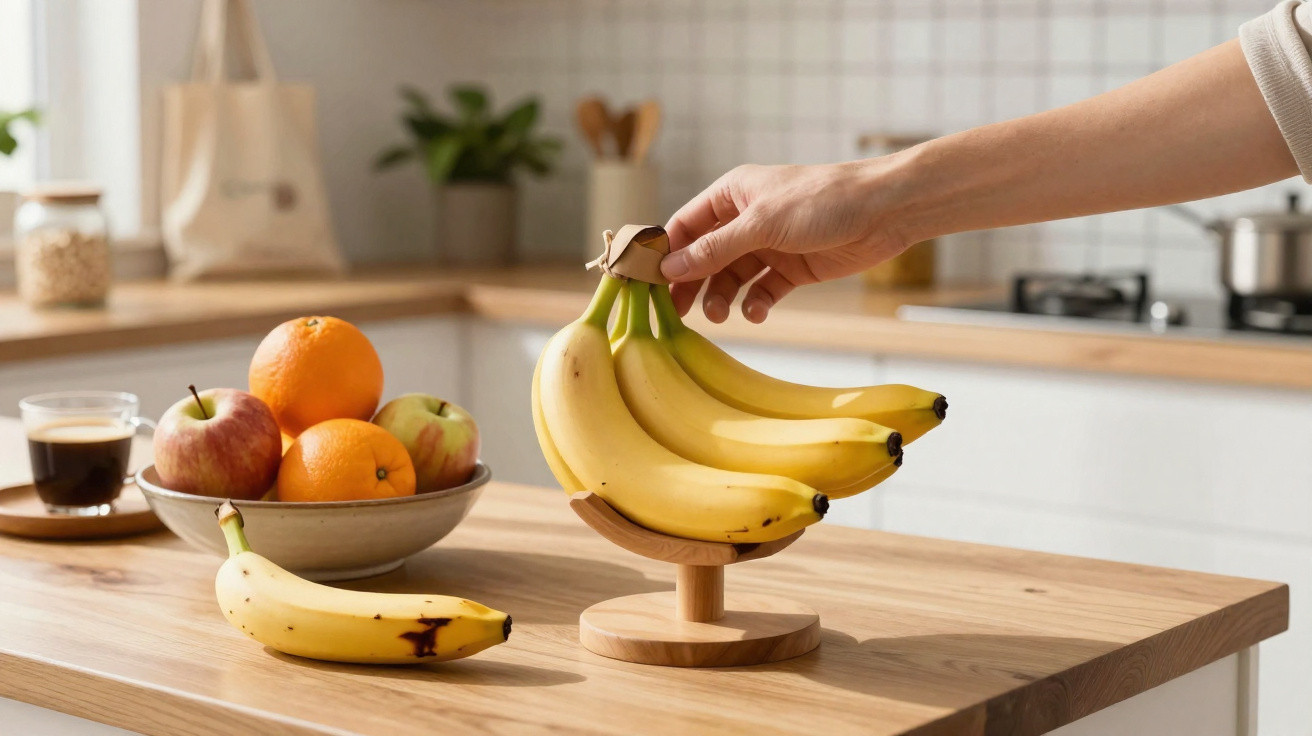 Mão a pegar cachos de bananas num suporte de madeira numa cozinha com mesa com fruta e café.