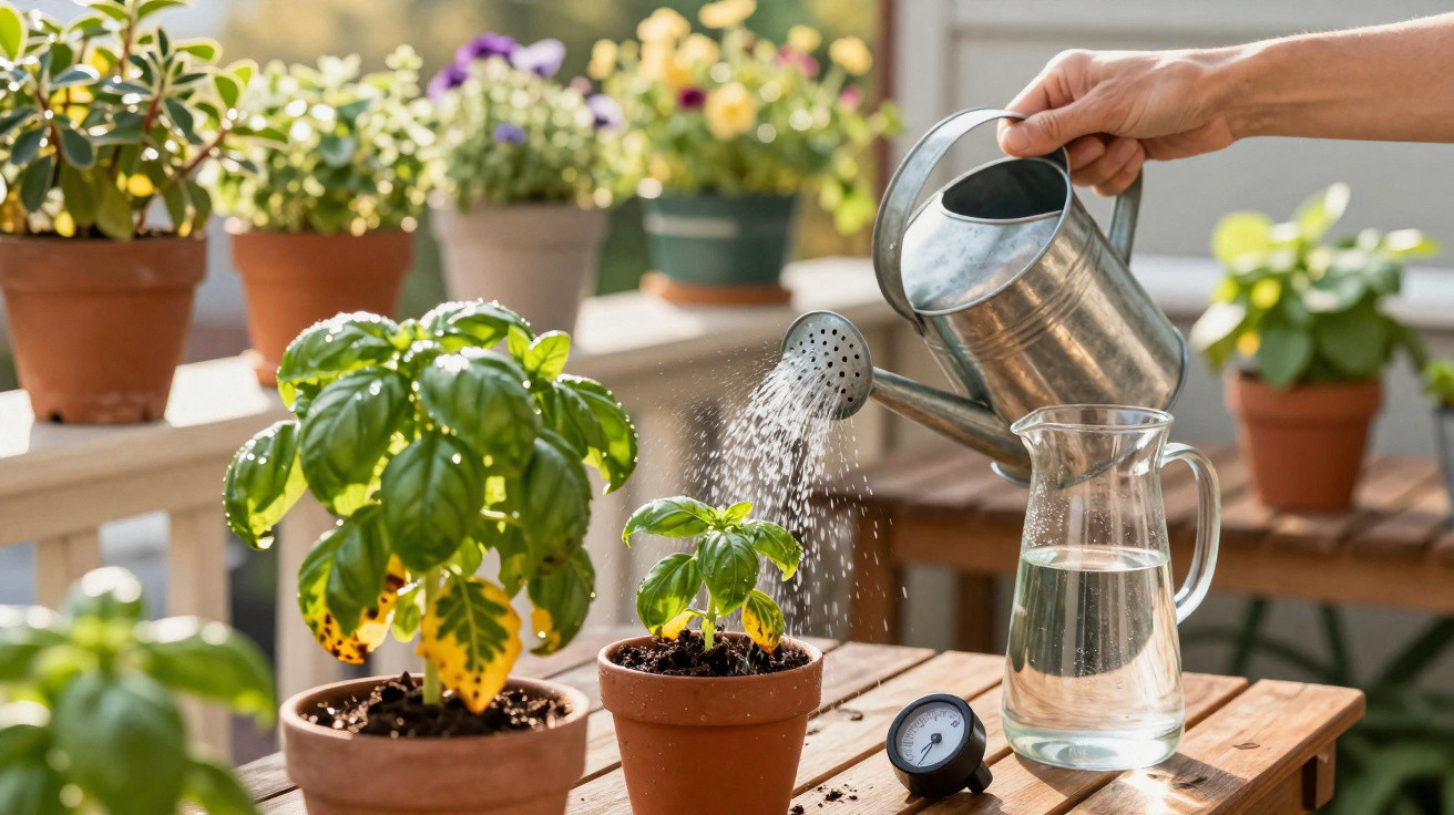 Pessoa a regar plantas em vasos de barro numa varanda com regador de metal.