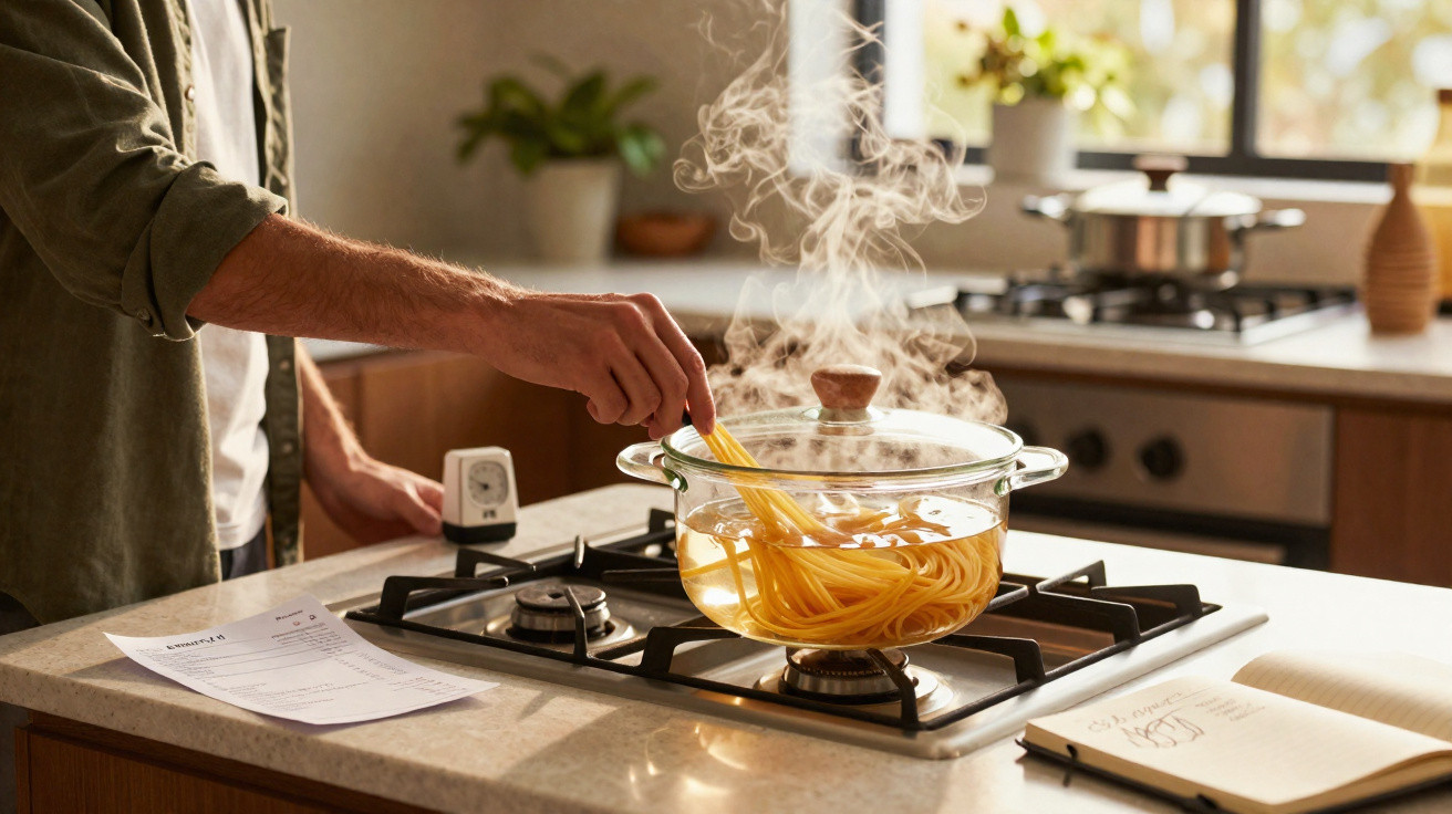 Pessoa a cozinhar esparguete numa panela de vidro a ferver num fogão de gás numa cozinha moderna.