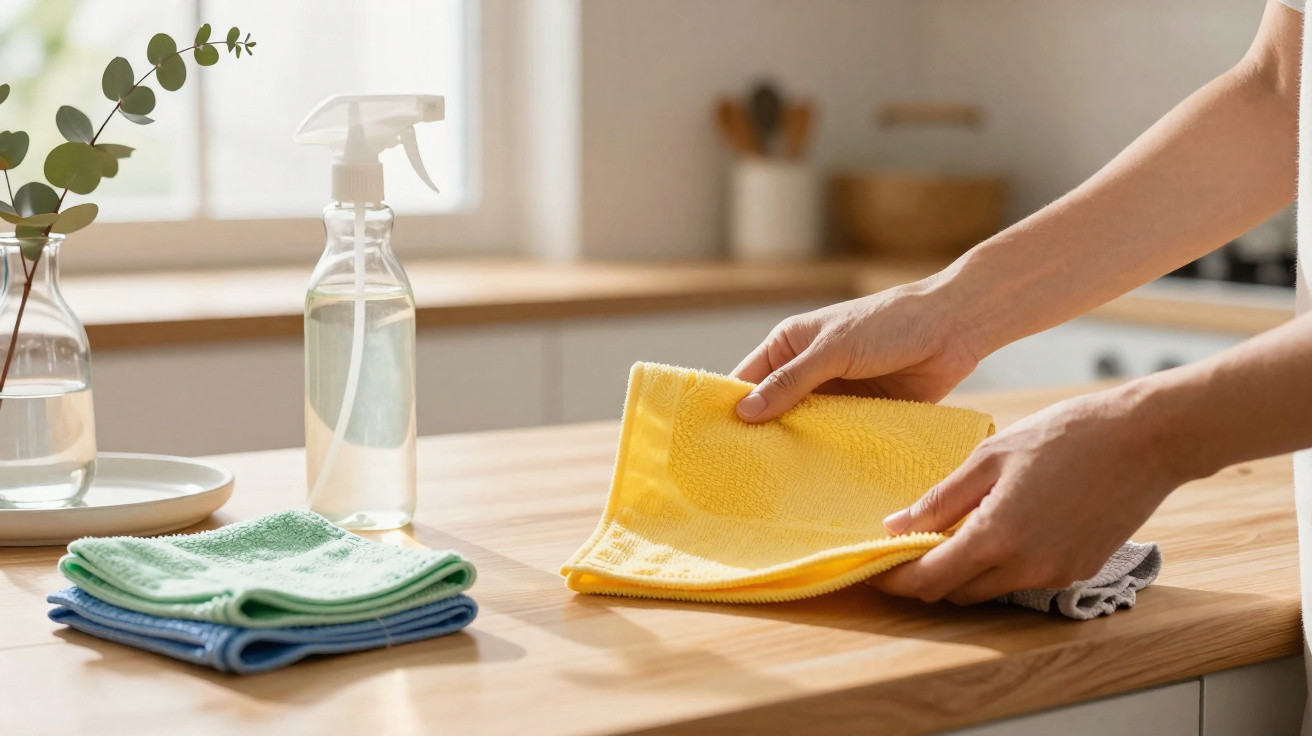 Mãos a limpar uma superfície de madeira clara com pano amarelo, panela borrifadora e panos sobre a mesa.