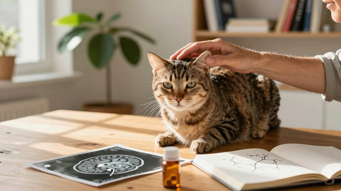 Gato tigrado numa mesa com mão a acariciá-lo, junto a imagem de cérebro, frasco e caderno aberto.