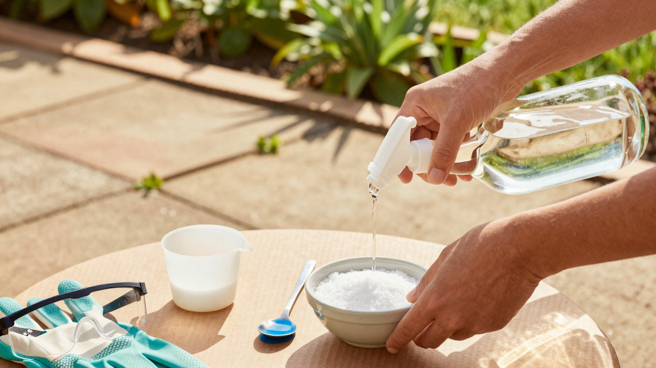 Mãos a despejar líquido num recipiente com pó branco numa mesa ao ar livre com utensílios de jardinagem.