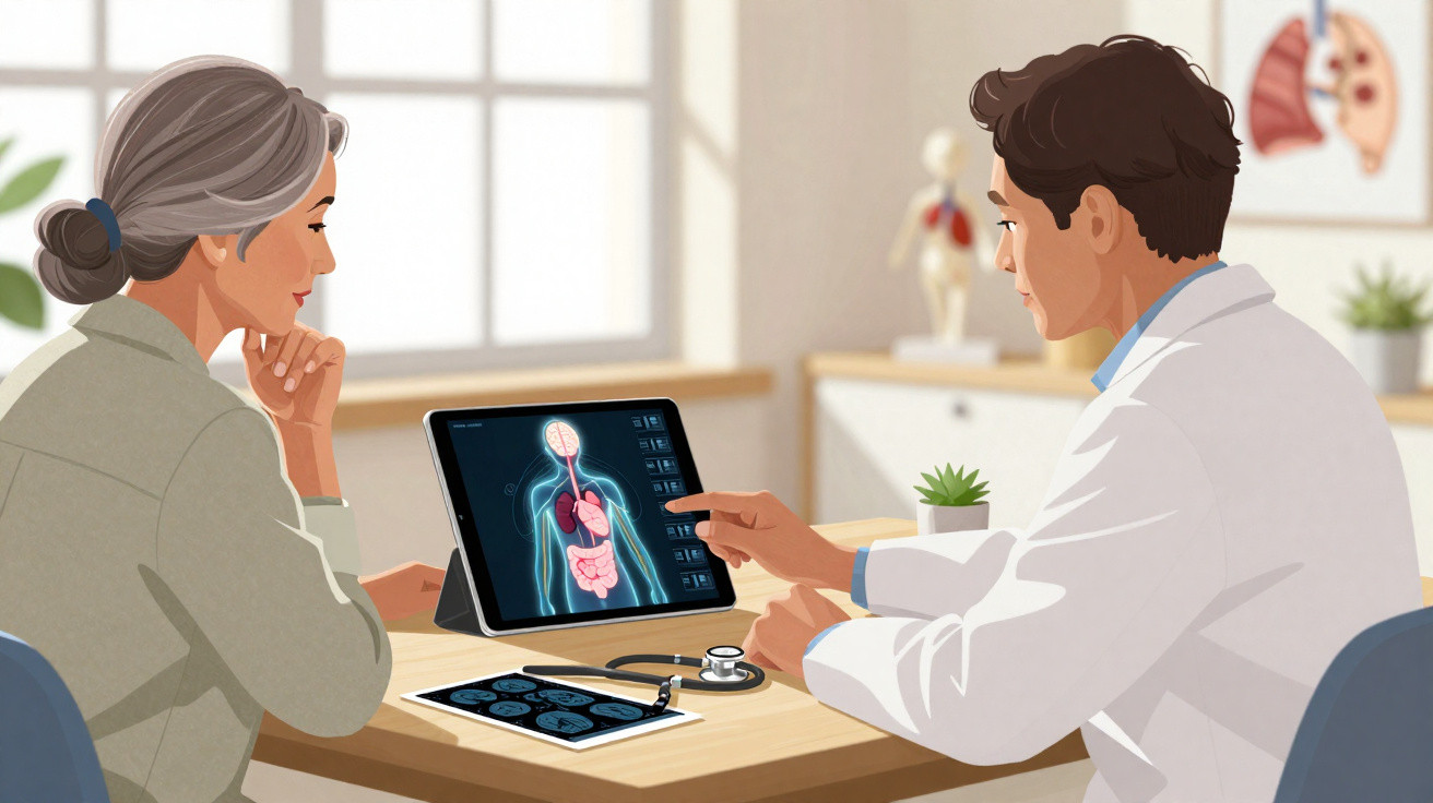 Médico explica exame digital de órgãos internos a paciente idosa numa consulta num consultório iluminado.