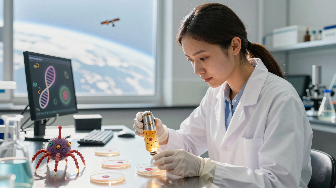 Cientista mulher em laboratório a analisar amostras em placas de Petri com imagem de DNA no ecrã.