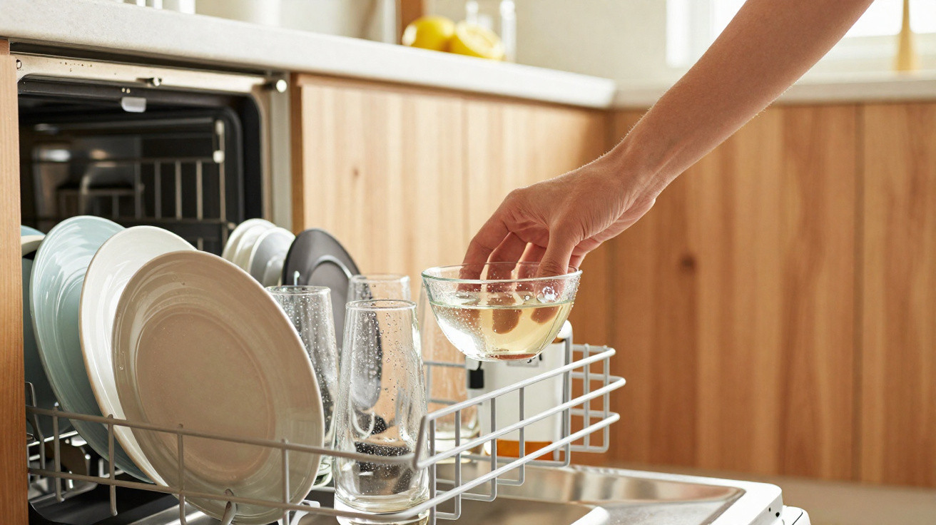 Pessoa a colocar taça de vidro num lava-louças com pratos e copos numa cozinha moderna.