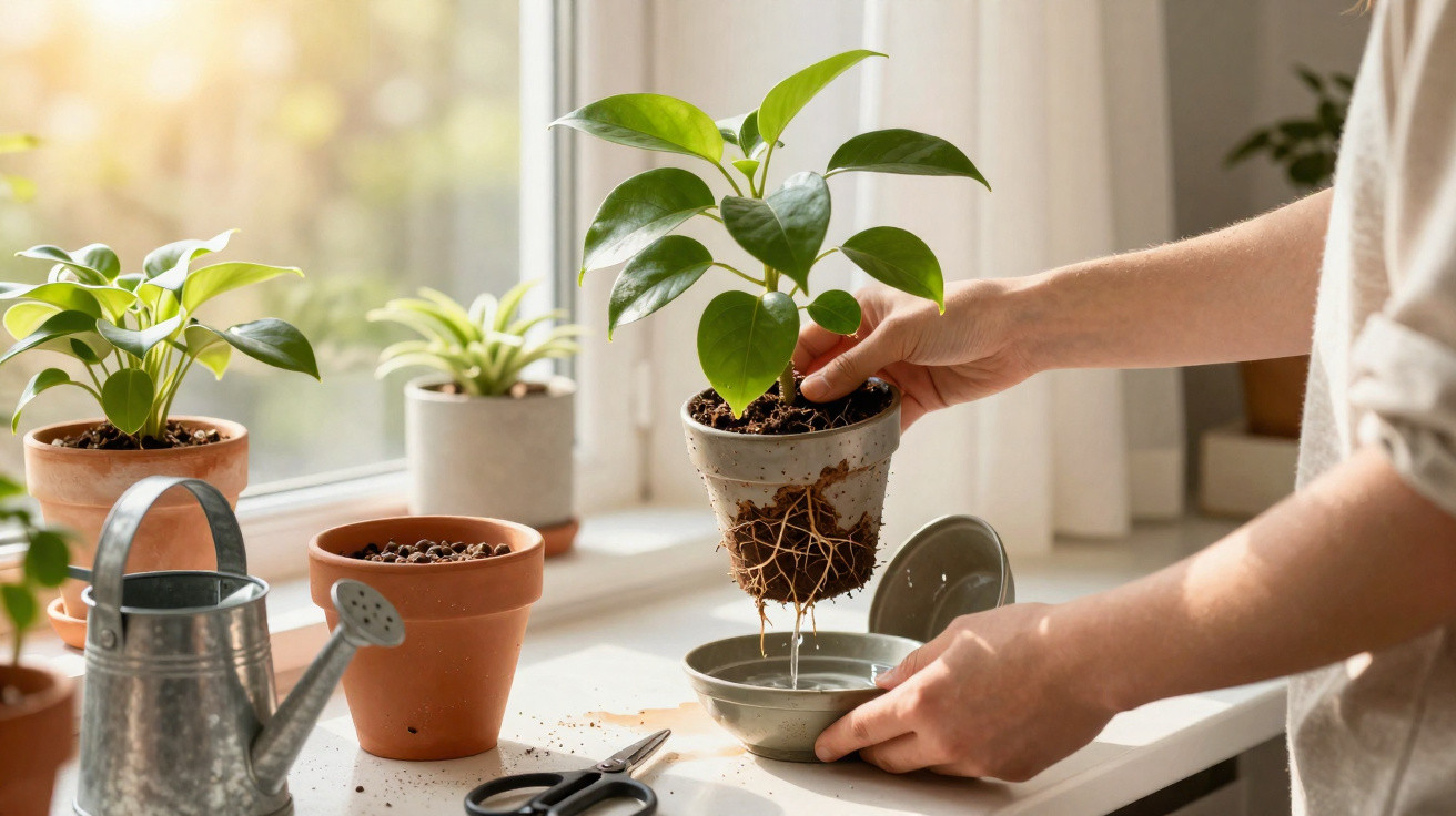Pessoa a transplantar planta jovem num vaso junto a janela iluminada durante o dia.