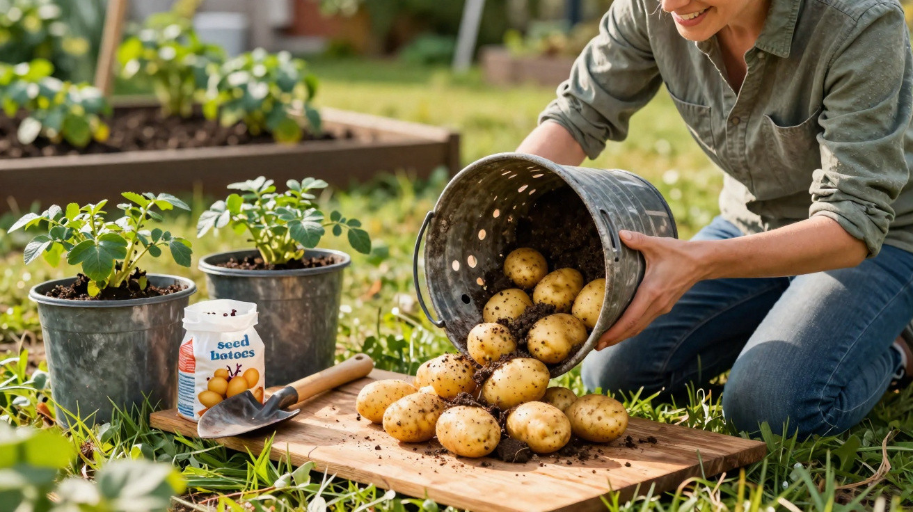 Pessoa a despejar batatas recém-colhidas de um balde para uma tábua de madeira no jardim.