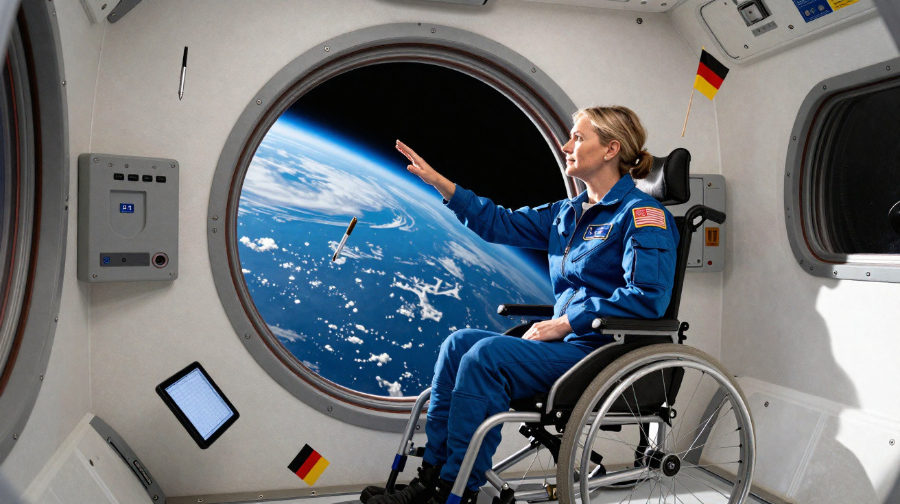Astronauta em cadeira de rodas vê a Terra pela janela da estação espacial.