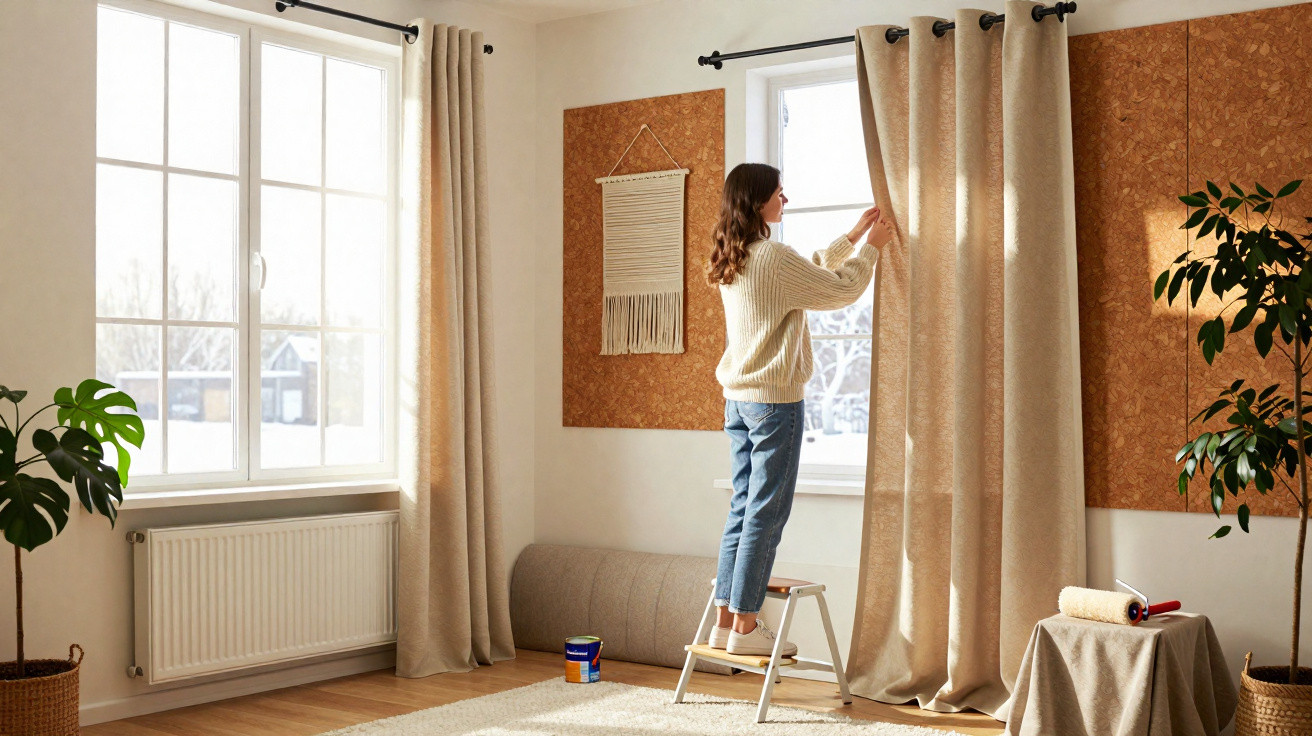 Mulher a colocar cortinas bege numa sala iluminada com plantas e parede decorada.