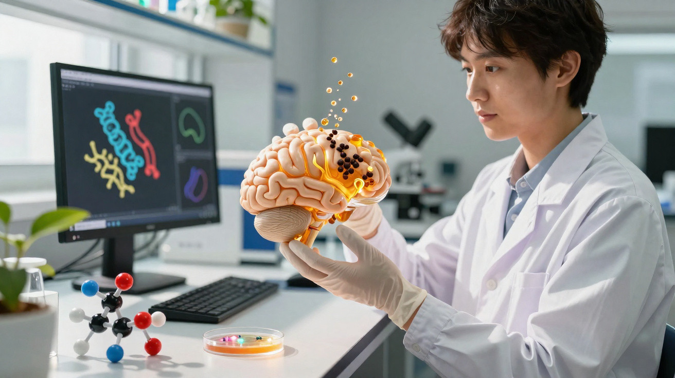Cientista em laboratório a examinar modelo cerebral 3D com gráficos digitais no ecrã do computador.