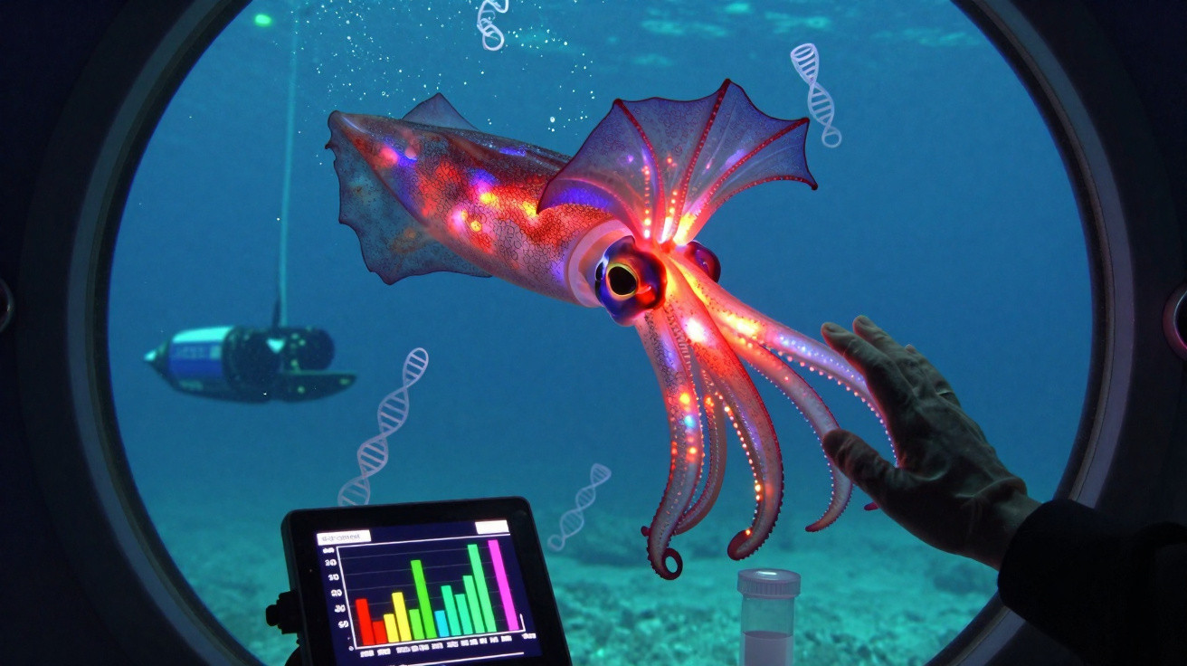 Lula bioluminescente com luzes coloridas vista através de janela submarina com mãos e equipamento científico.