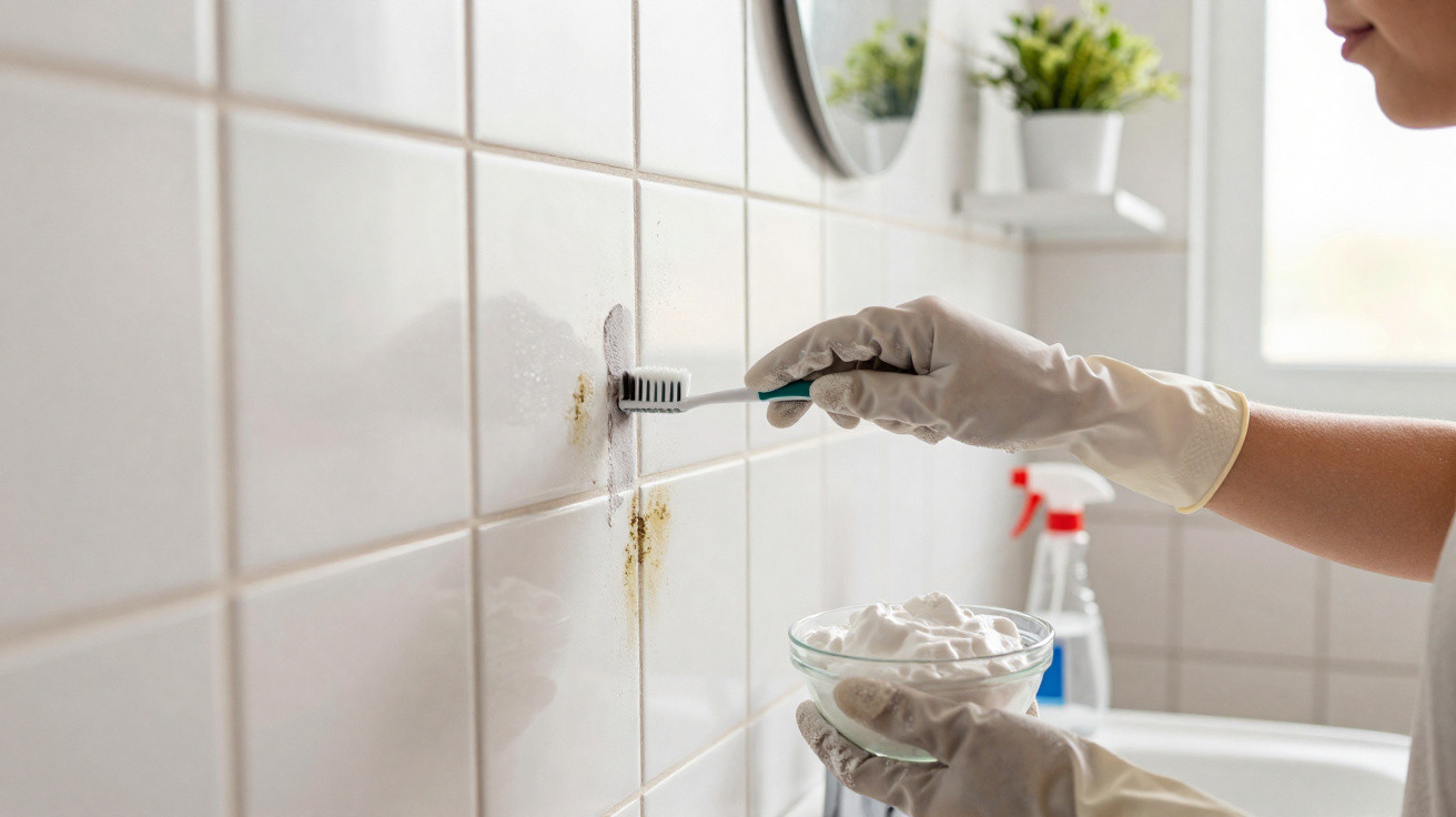 Pessoa a limpar manchas na parede de azulejos com escova e luvas de borracha, segurando recipiente com pó branco.