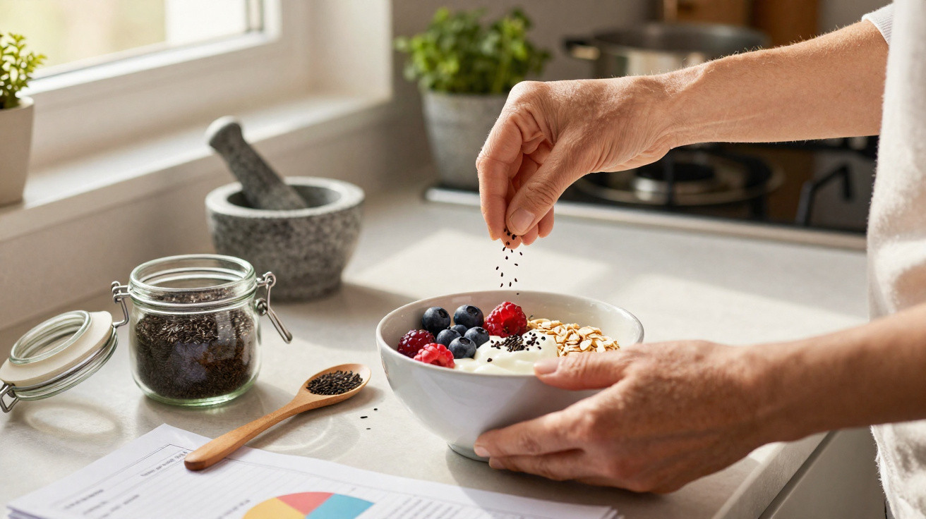 Mãos a polvilhar sementes pretas sobre iogurte com frutos vermelhos e mirtilos numa cozinha luminosa.