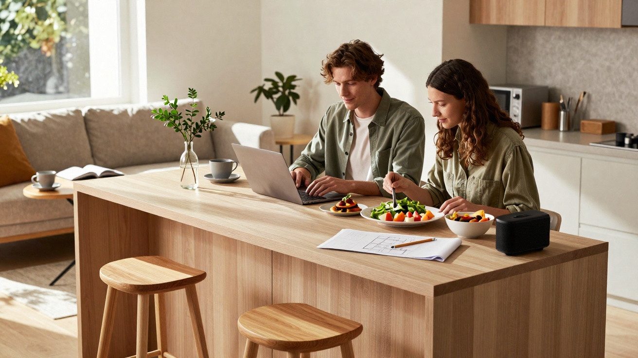 Casal jovem a trabalhar num portátil e a comer salada numa cozinha moderna e luminosa.