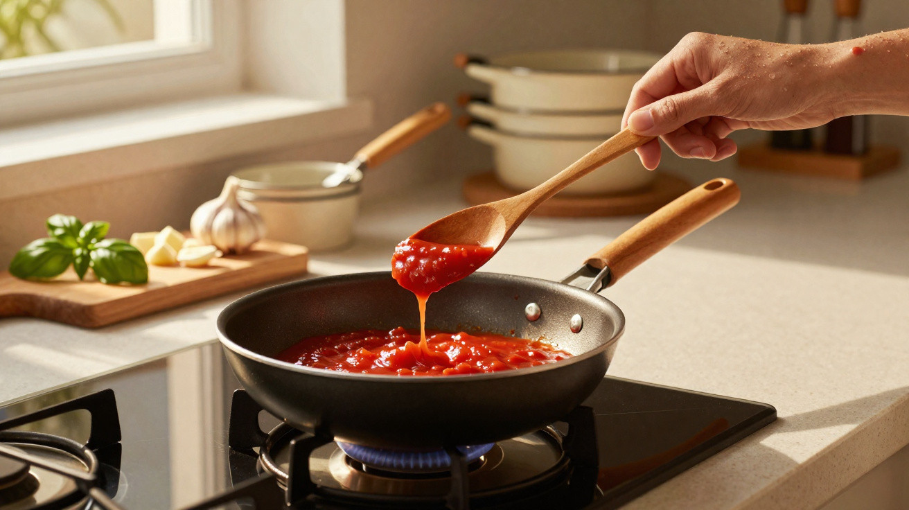Mão a mexer molho de tomate numa frigideira sobre fogão a gás numa cozinha iluminada.
