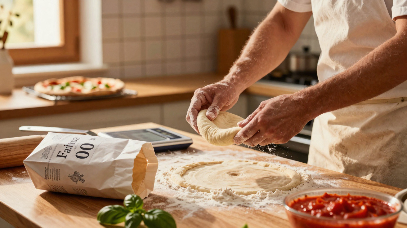 Pessoa a esticar massa para pizza numa bancada de cozinha com ingredientes e farinha espalhados.