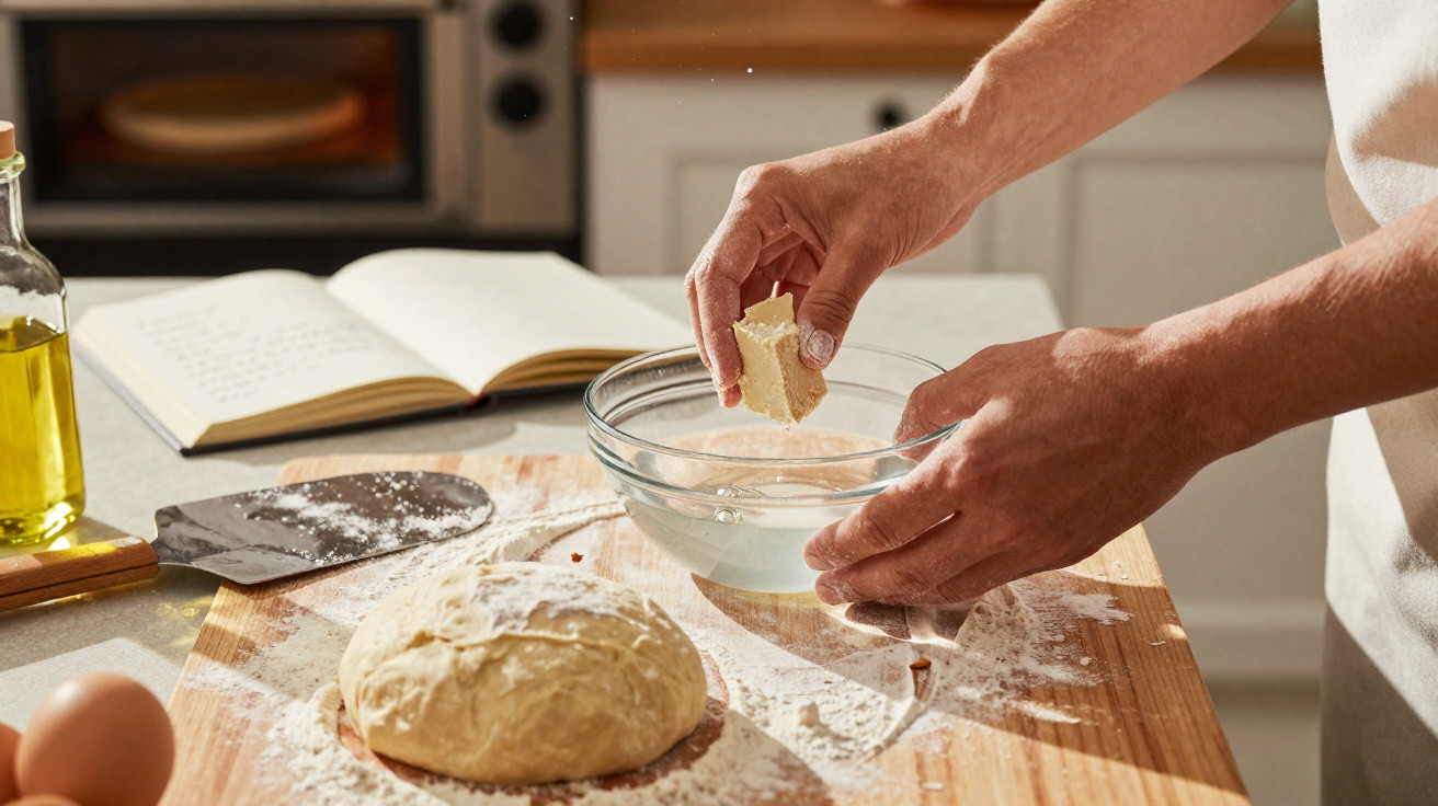 Mãos a dissolver fermento em água com massa de pão e livro de receitas ao fundo numa cozinha.