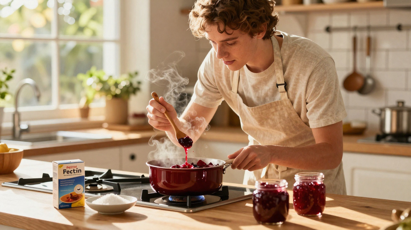 Jovem a cozinhar compota numa panela vermelha numa cozinha iluminada e moderna.