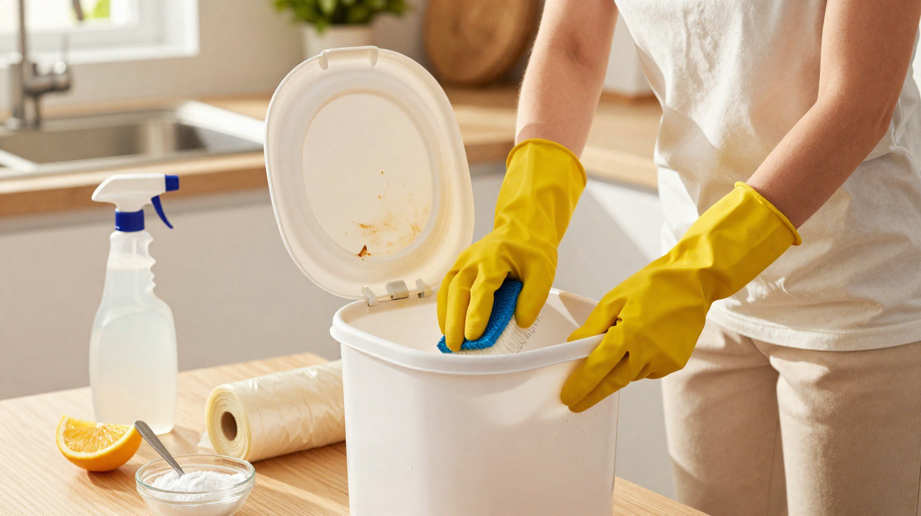 Pessoa a limpar o interior de um balde de lixo com luvas amarelas e esfregão azul numa cozinha.