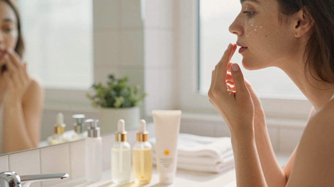 Mulher aplica creme facial junto à janela num ambiente de casa de banho moderno e iluminado.