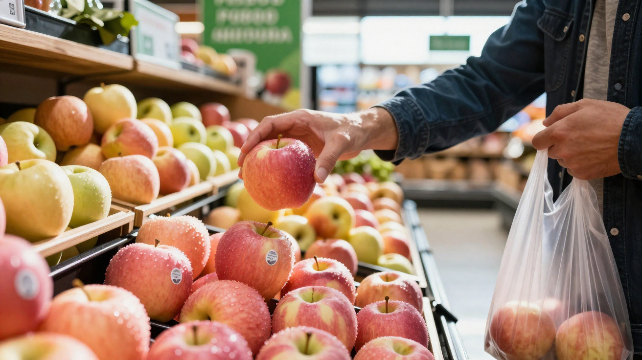 Pessoa a escolher maçã vermelha numa secção de frutas num supermercado.