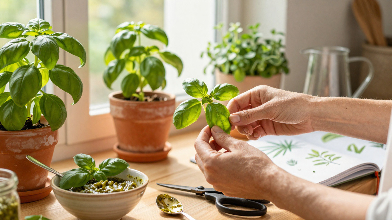 Mãos a cuidar de uma planta de manjericão numa cozinha com mais vasos na janela e manual aberto.
