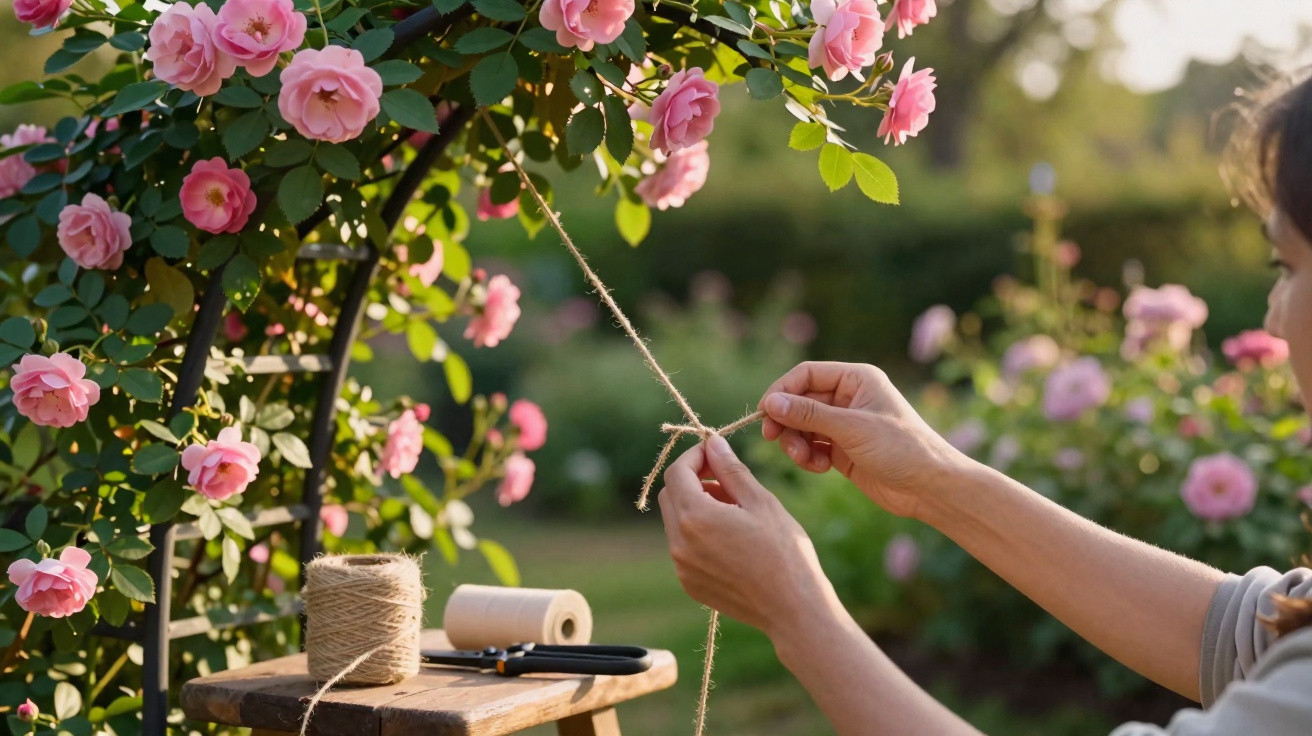 Pessoa a amarrar corda num arco decorado com rosas cor-de-rosa num jardim ao ar livre.