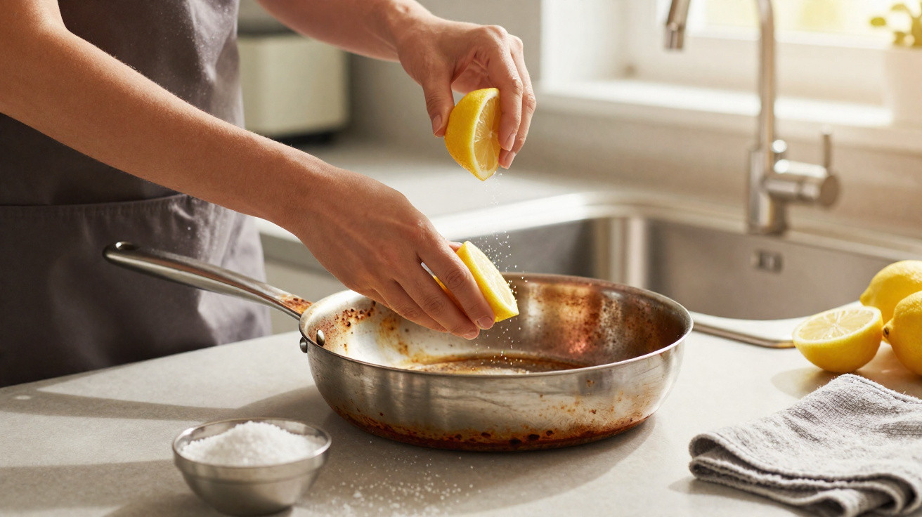 Pessoa a espremer limão para uma frigideira suja na cozinha com sal e limões ao lado.