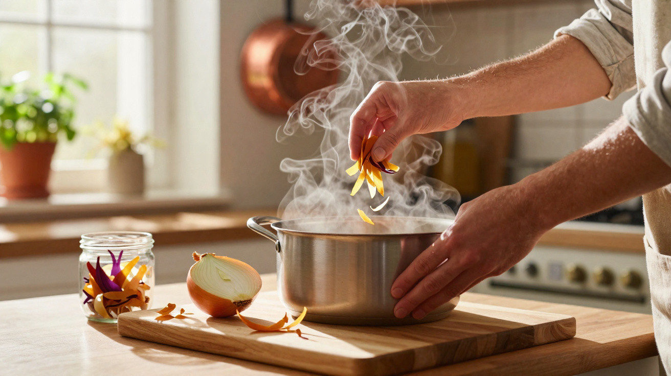 Pessoa a cozinhar e a deitar cascas de cebola numa panela a ferver numa cozinha iluminada.