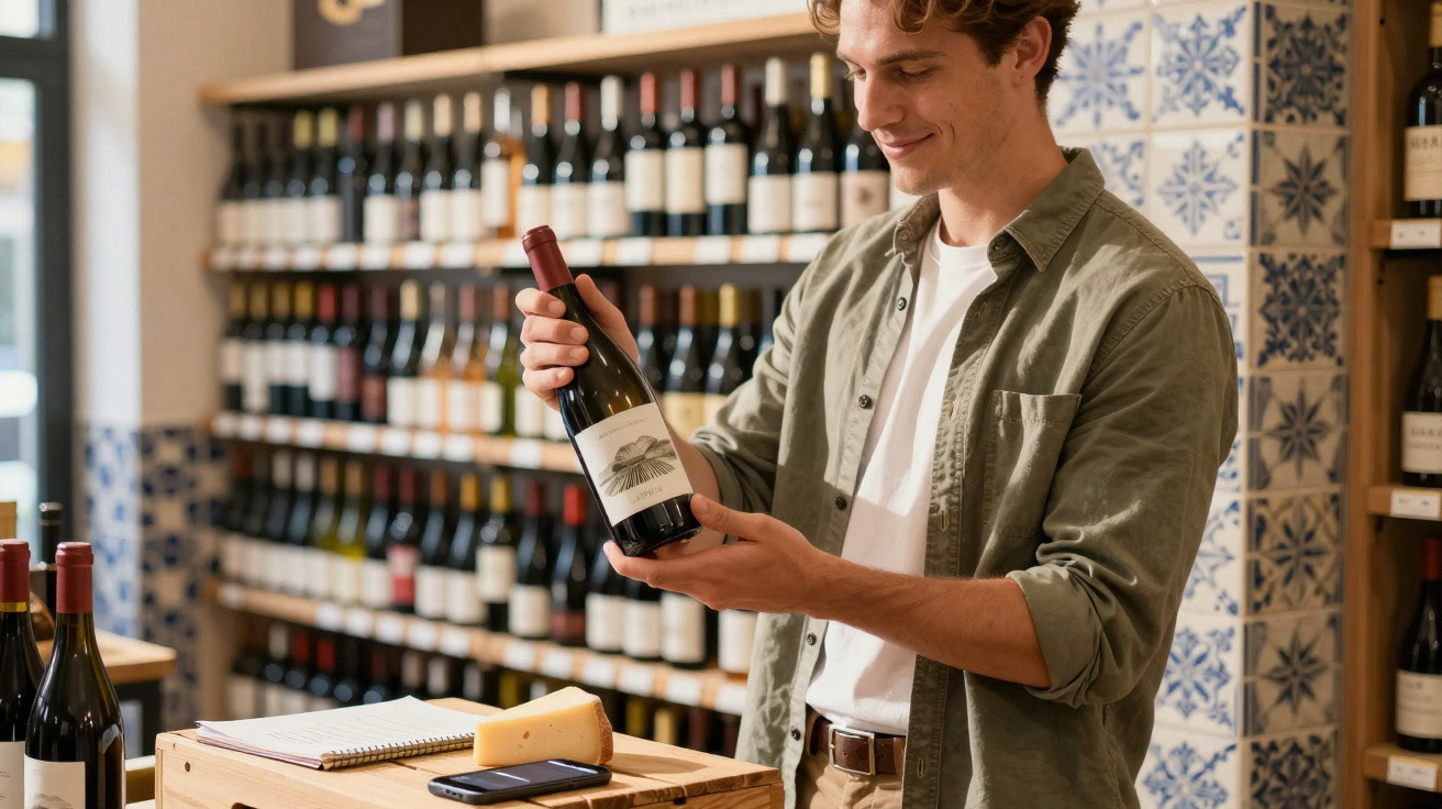 Homem sorridente segura garrafa de vinho numa loja com prateleiras cheias de vinhos ao fundo.