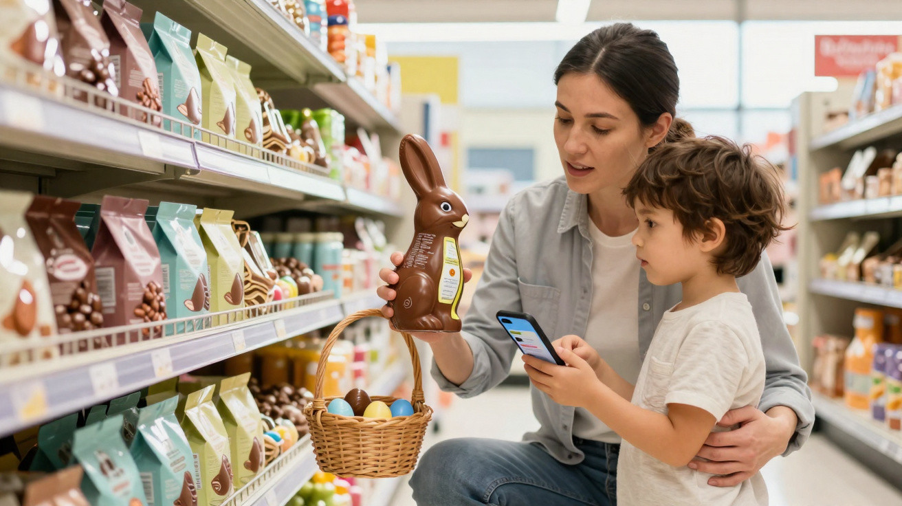 Mulher e menino no supermercado, a escolher um coelho de chocolate numa prateleira de chocolates.