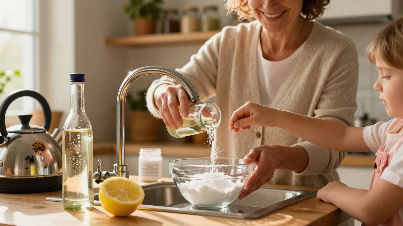 Mulher e criança a preparar ingredientes numa cozinha luminosa, com limão, óleo e açúcar numa tigela.
