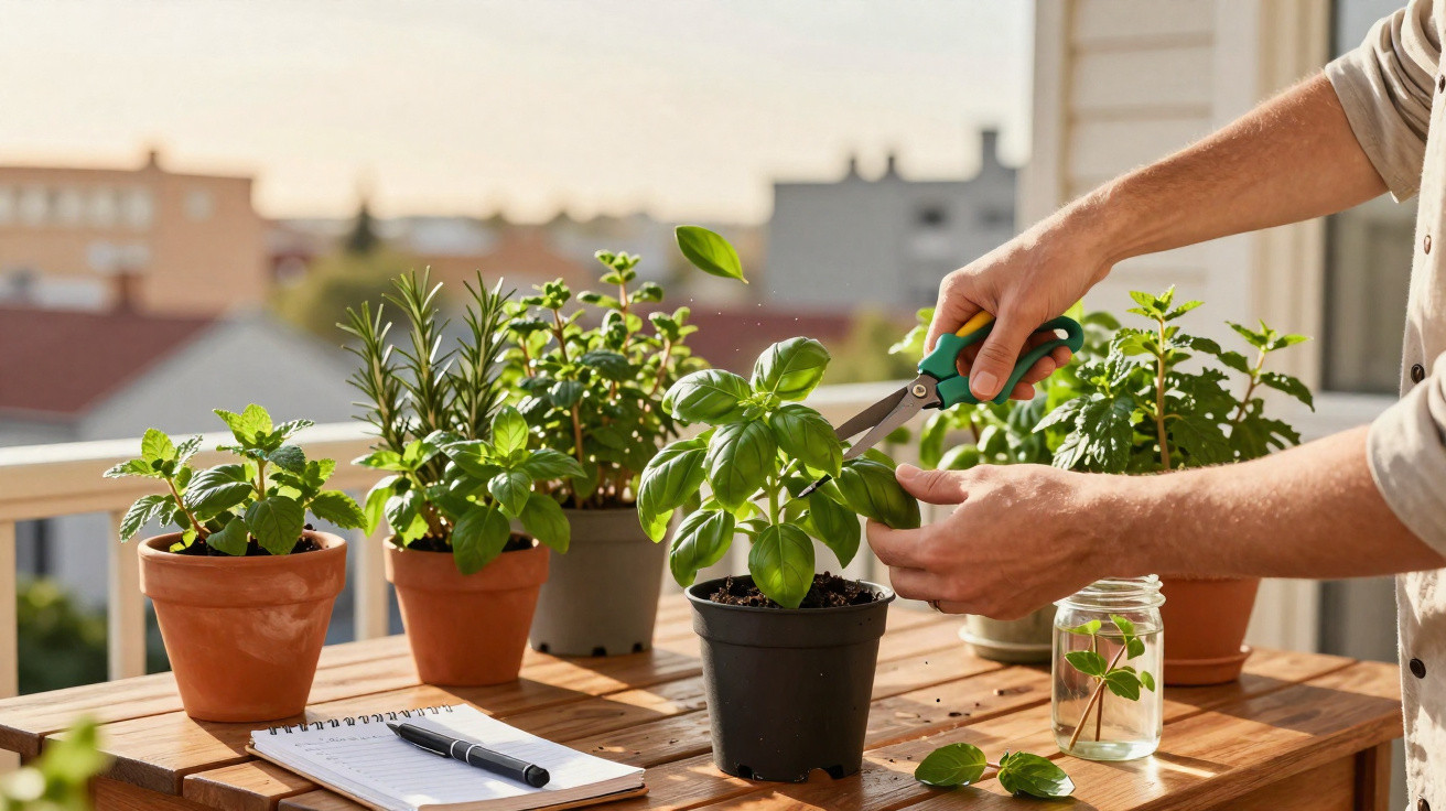 Pessoa a cortar folhas de manjericão na varanda com várias plantas em vasos sobre mesa de madeira.