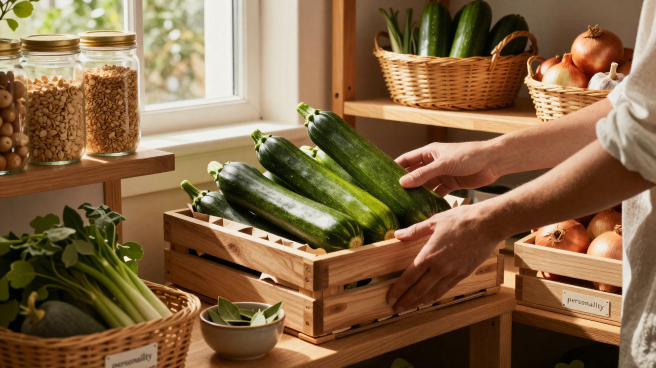 Mãos a organizar um cesto com curgetes verdes em prateleira de cozinha com legumes e frutos secos.
