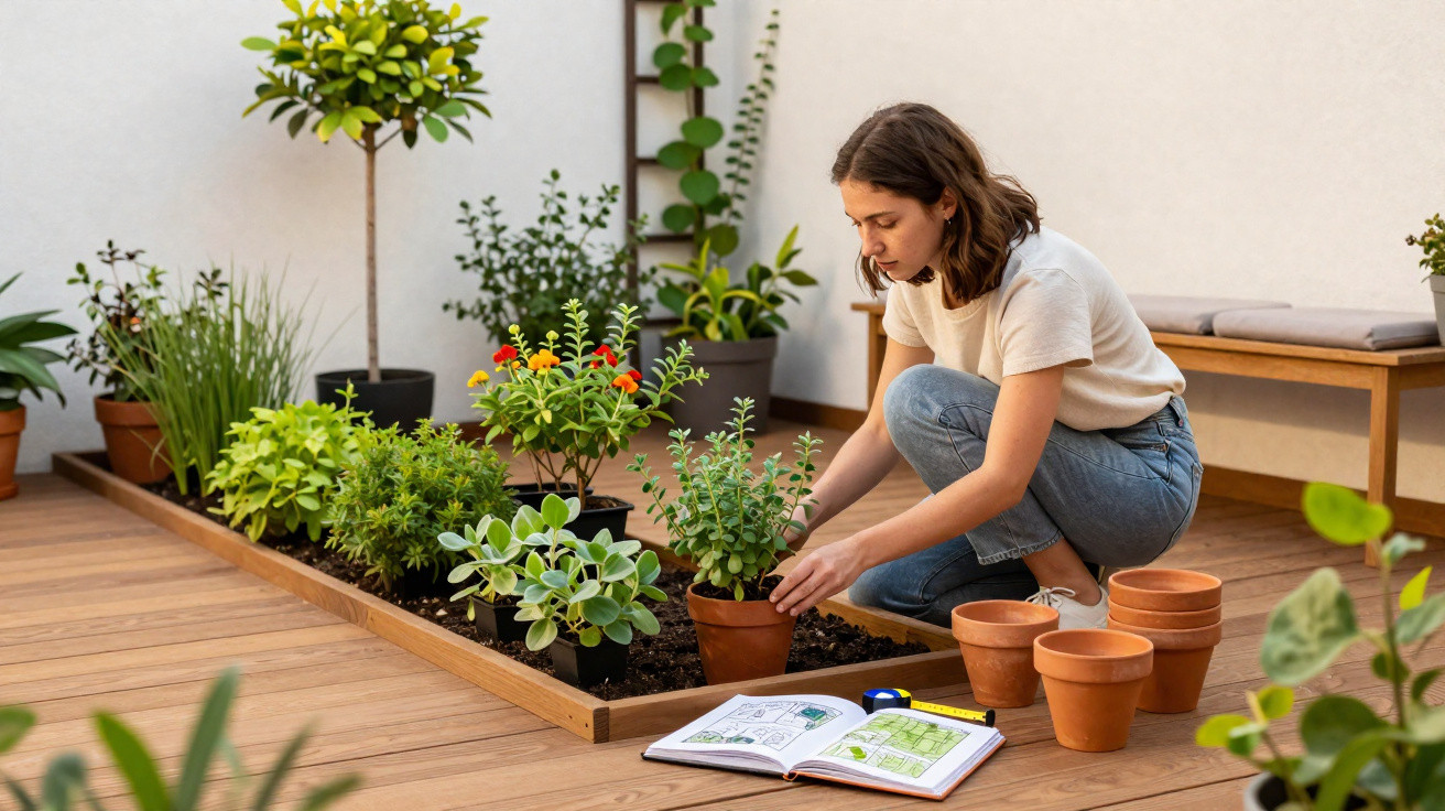 Mulher a cuidar de plantas em vasos num jardim interior com guia de jardinagem aberto ao lado.