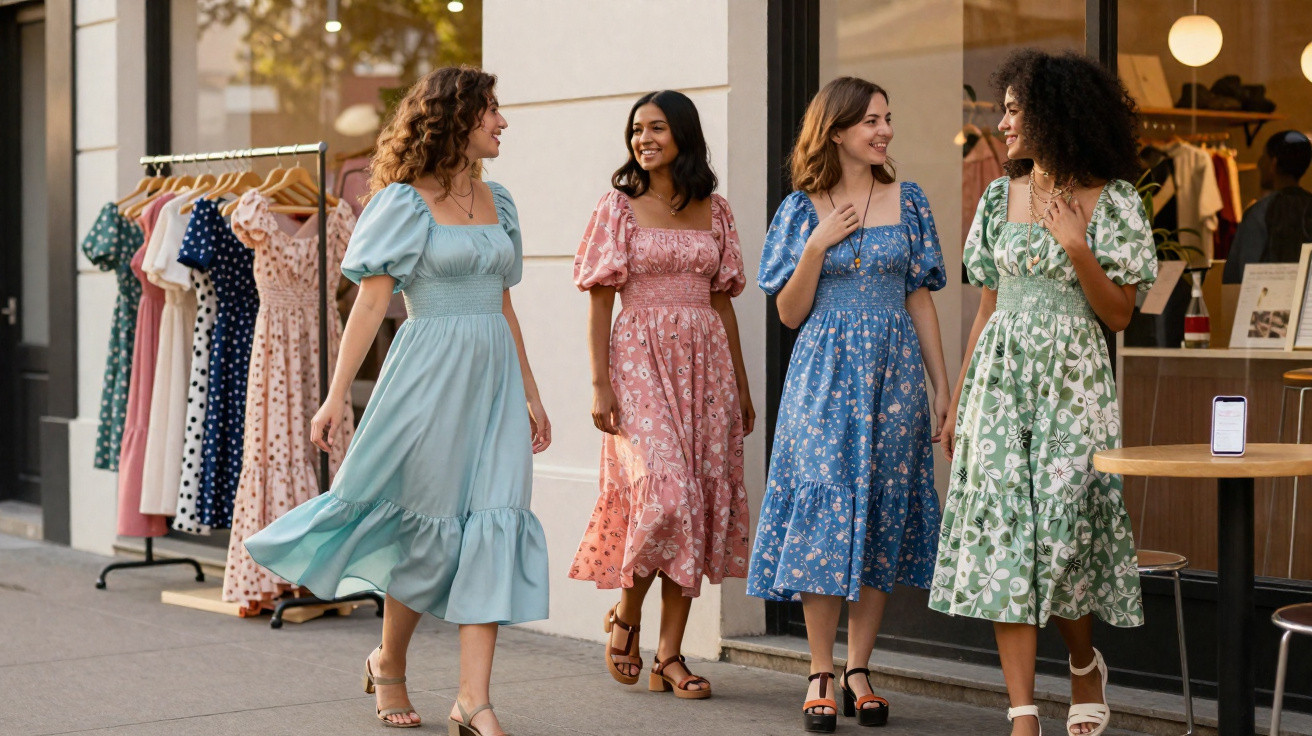 Quatro mulheres a sorrir e vestir vestidos florais coloridos, a passear numa rua comercial com araras de roupa.