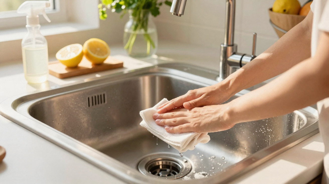 Pessoa a limpar uma cuba de inox da cozinha com um pano branco molhado.