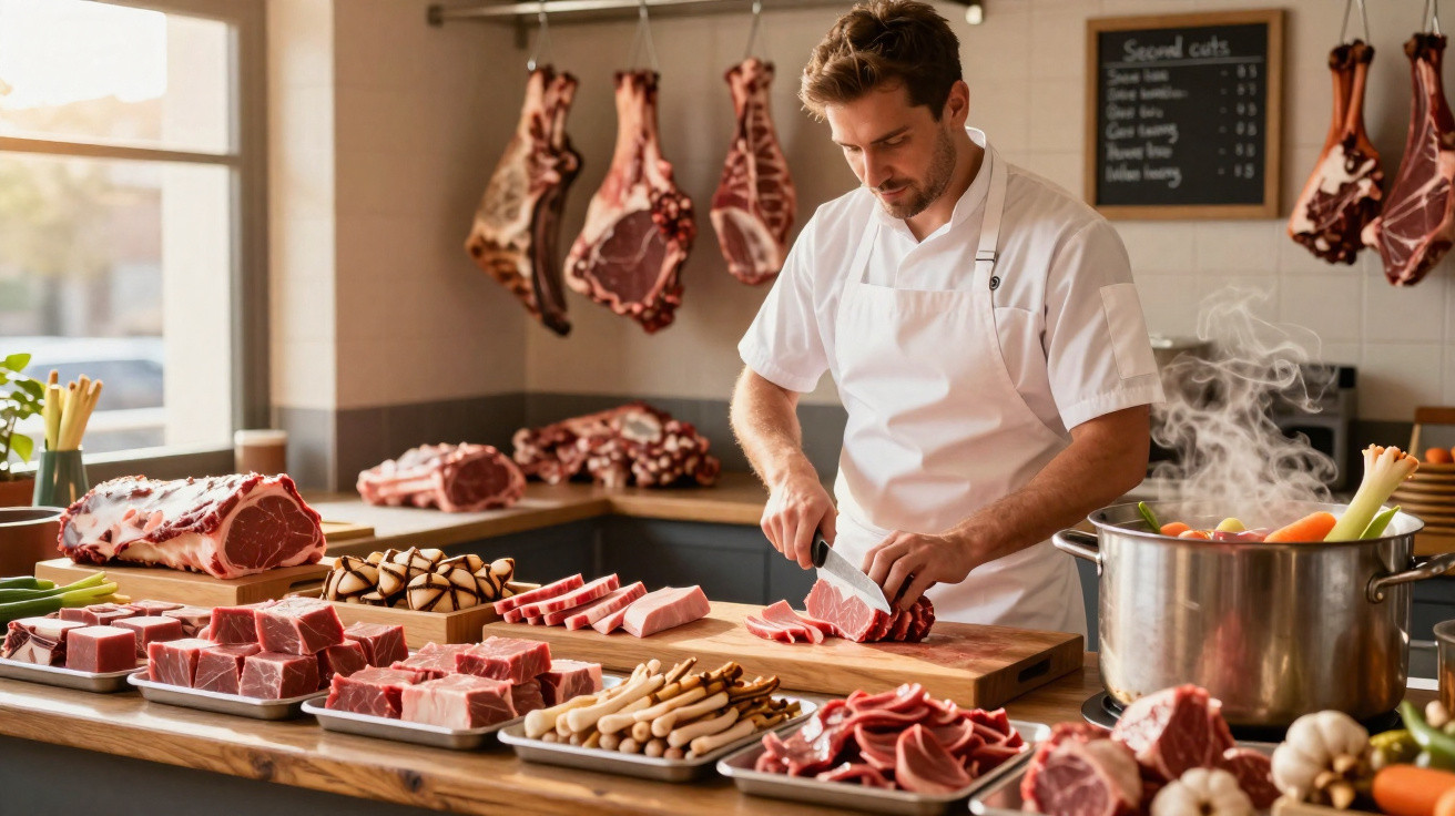 Açougueiro corta carne fresca em balcão com várias peças de carne e panela com legumes a cozer.