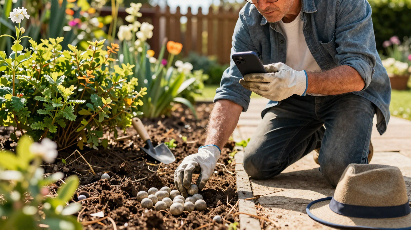 Homem a jardinar coloca bolinhas no solo com luvas, enquanto consulta o telemóvel numa manhã florida.