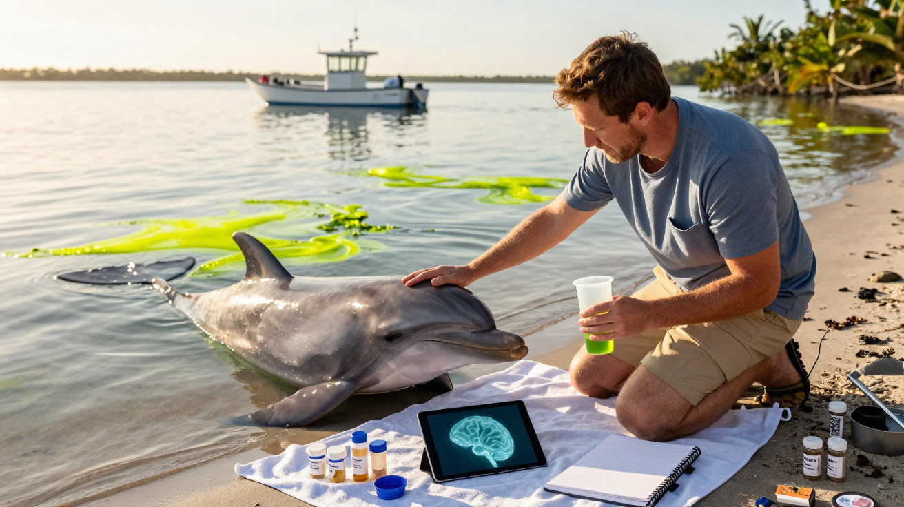 Homem numa praia a acariciar um golfinho junto a medicamentos e um ecrã com imagem cerebral.