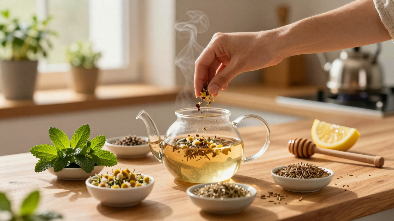 Pessoa a adicionar ervas aromáticas numa chávena de chá transparente numa cozinha com ingredientes naturais ao redor.