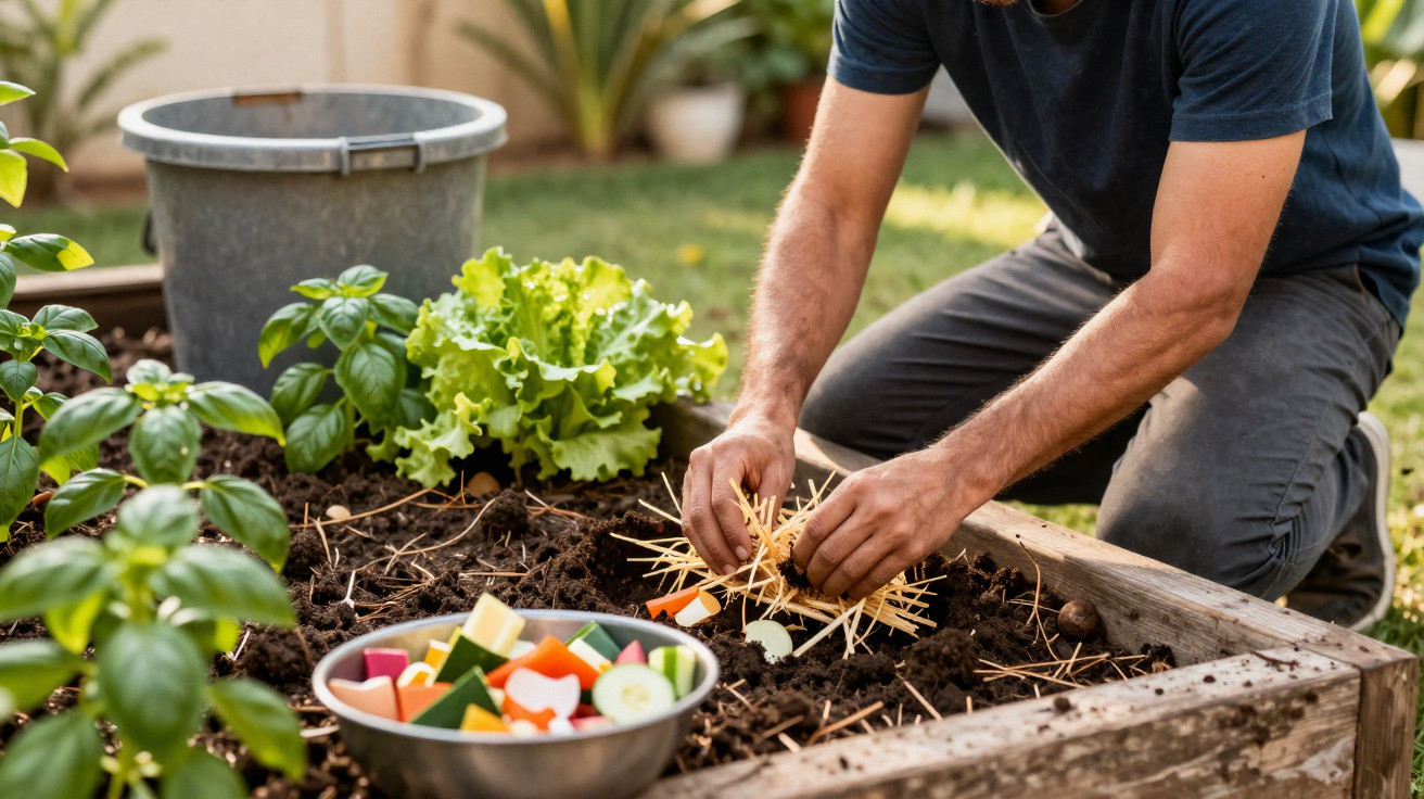 Pessoa a preparar compostagem caseira num jardim com recipiente de legumes cortados ao lado.