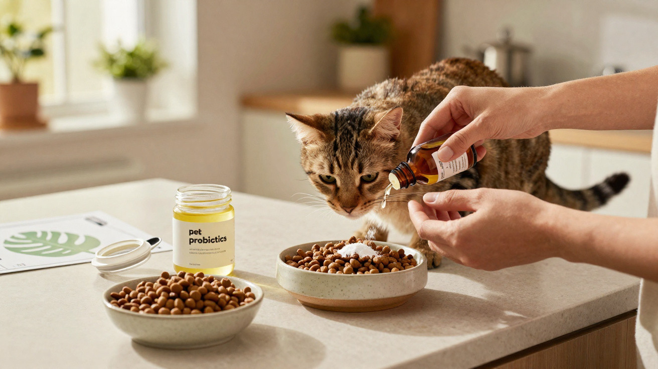 Gato junto a duas tigelas de ração enquanto uma pessoa adiciona suplemento líquido num recipiente.