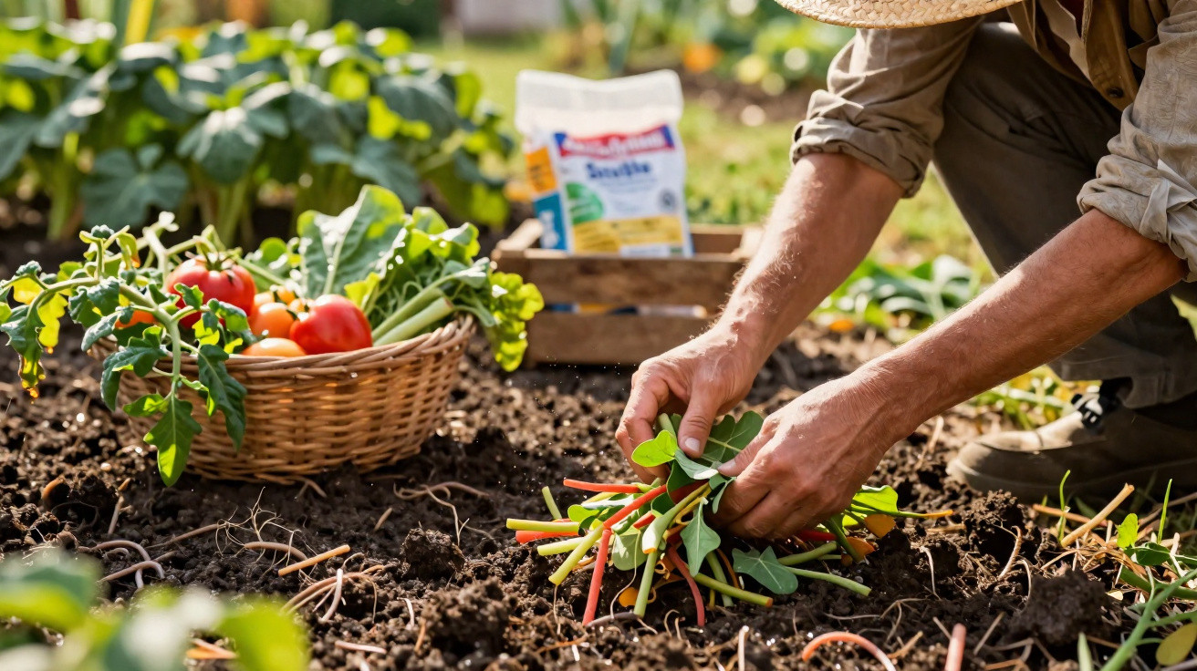 Pessoa a colher legumes frescos de um jardim, com uma cesta de legumes ao lado e fertilizante ao fundo.