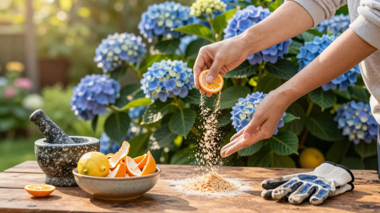 Mãos a espremer citrino sobre mistura em pó ao lado de flores azuis e utensílios de jardinagem.