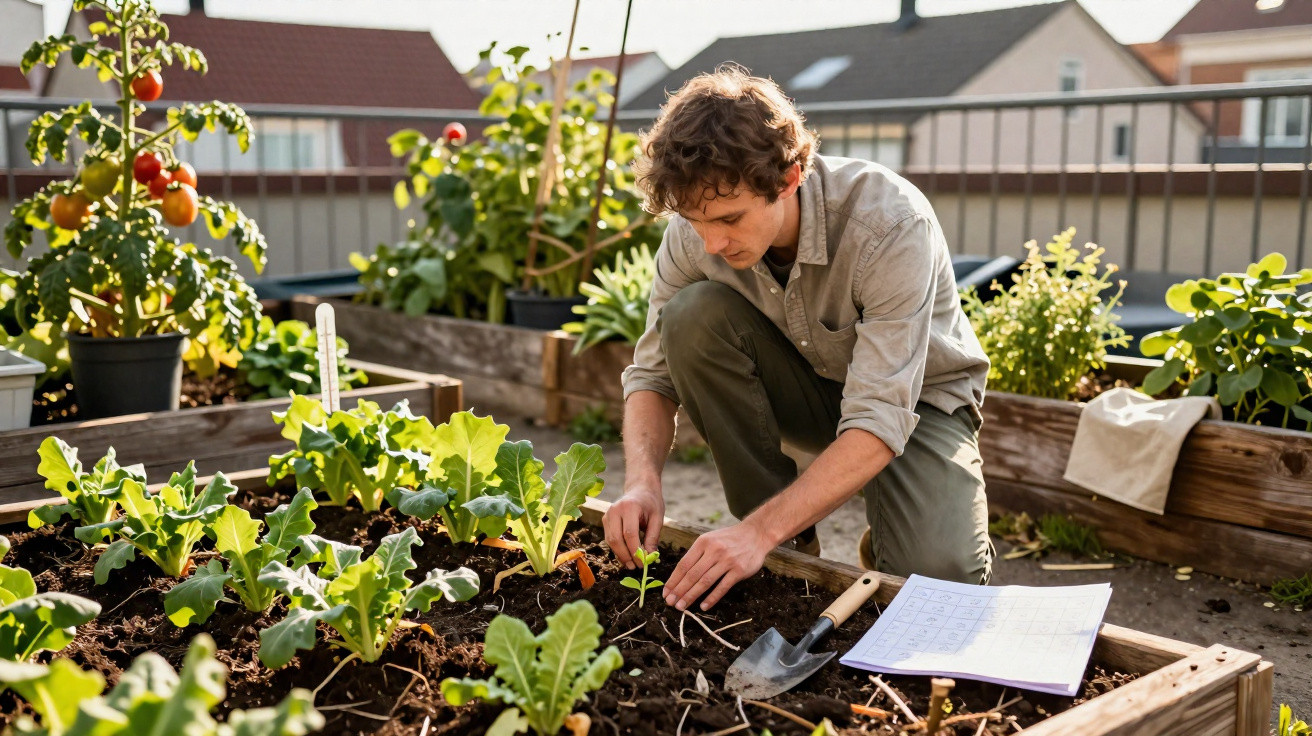 Jovem a cuidar de plantas e sementes numa horta urbana num terraço, com ferramentas e caderno ao lado.