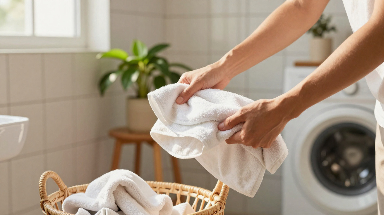Pessoas a apanhar toalhas brancas de uma cesta de roupa na lavandaria com máquina de lavar ao fundo.